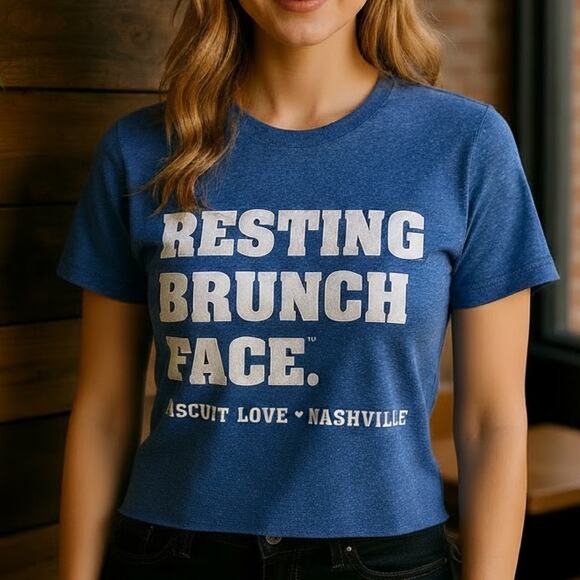 Biscuit Love “Resting Brunch Face” Tee Small Blue Unisex Nashville Graphic Shirt - Picture 1 of 9